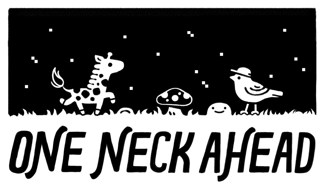 One Neck Ahead: Kid the giraffe and friends on a starlit hill above the hand-drawn game title